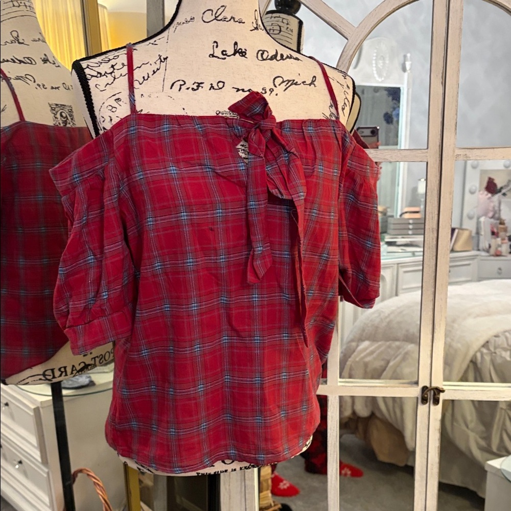 Paper Crane valentines Red Plaid Off-Shoulder Blouse